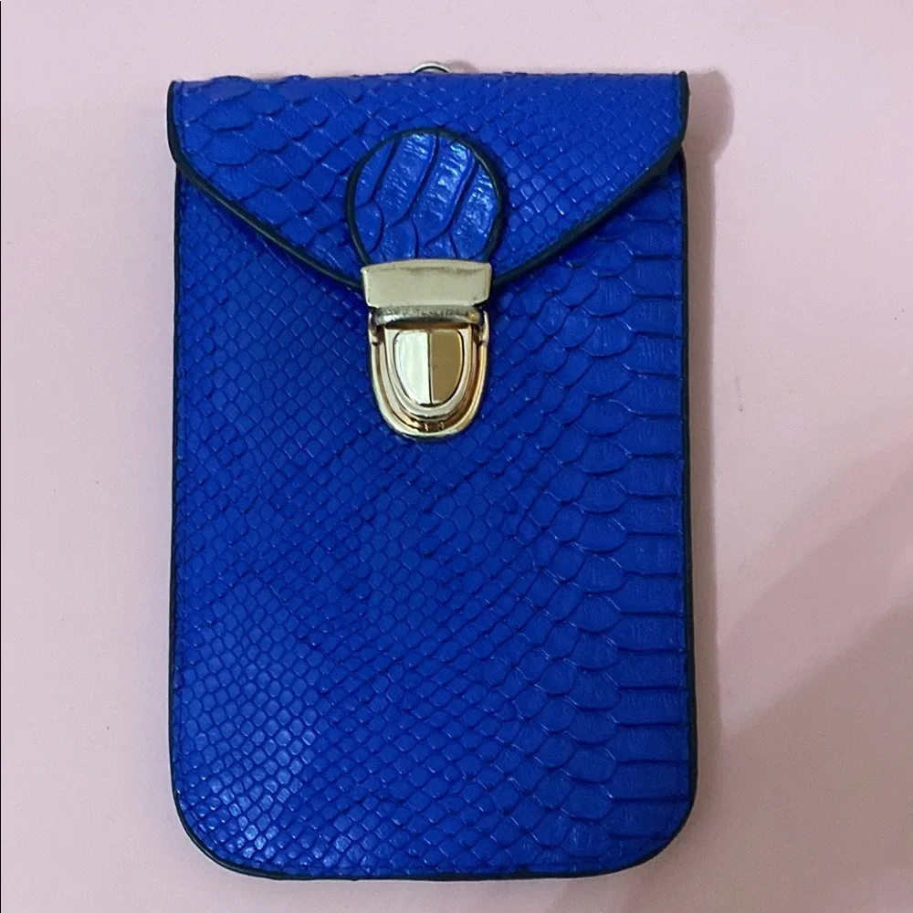 Blue Faux-Snakeskin Phone Pouch with Gold Clasp